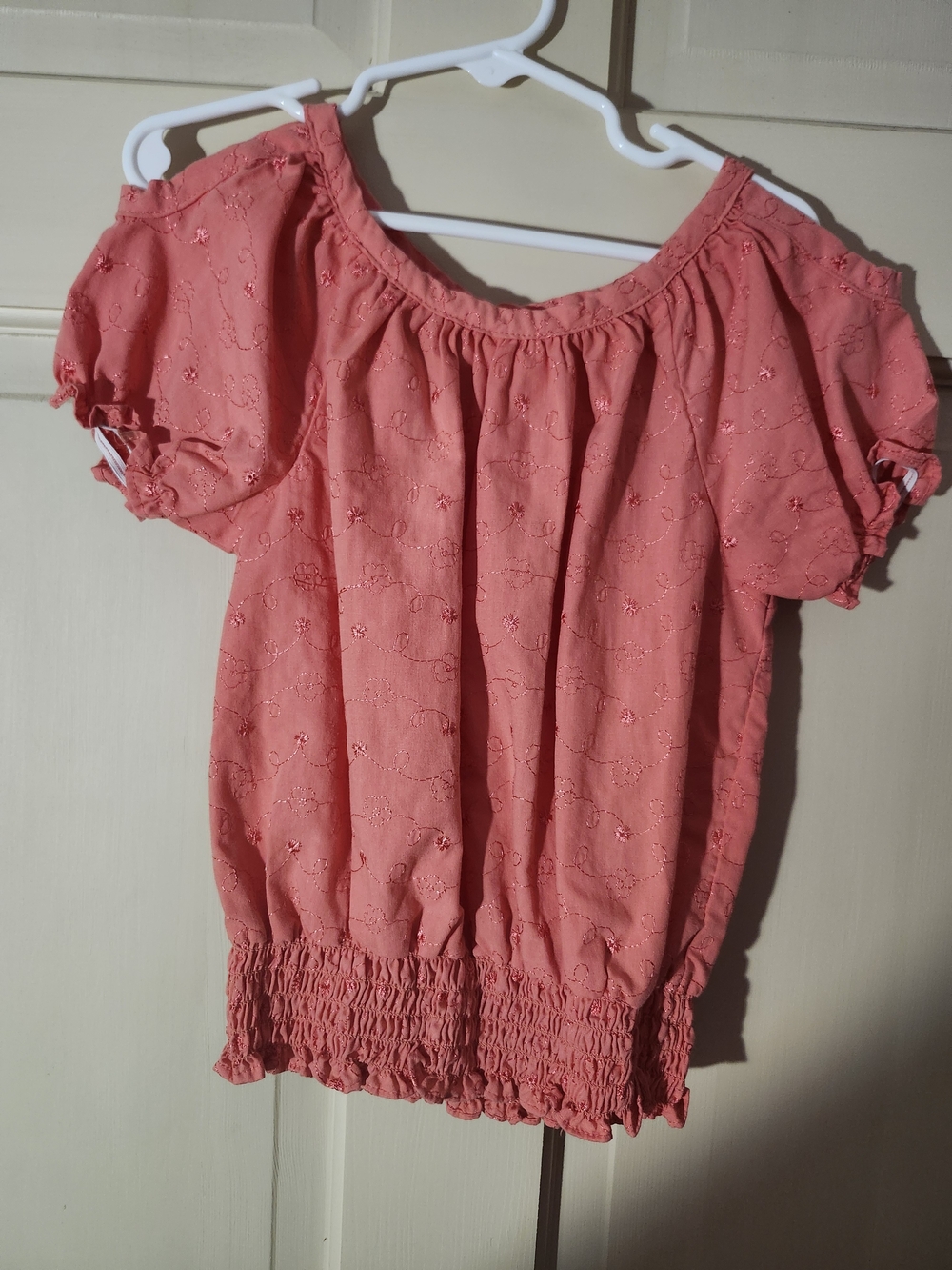 Girls' Coral Eyelet Peek-a-boo Top with Smocked Hem